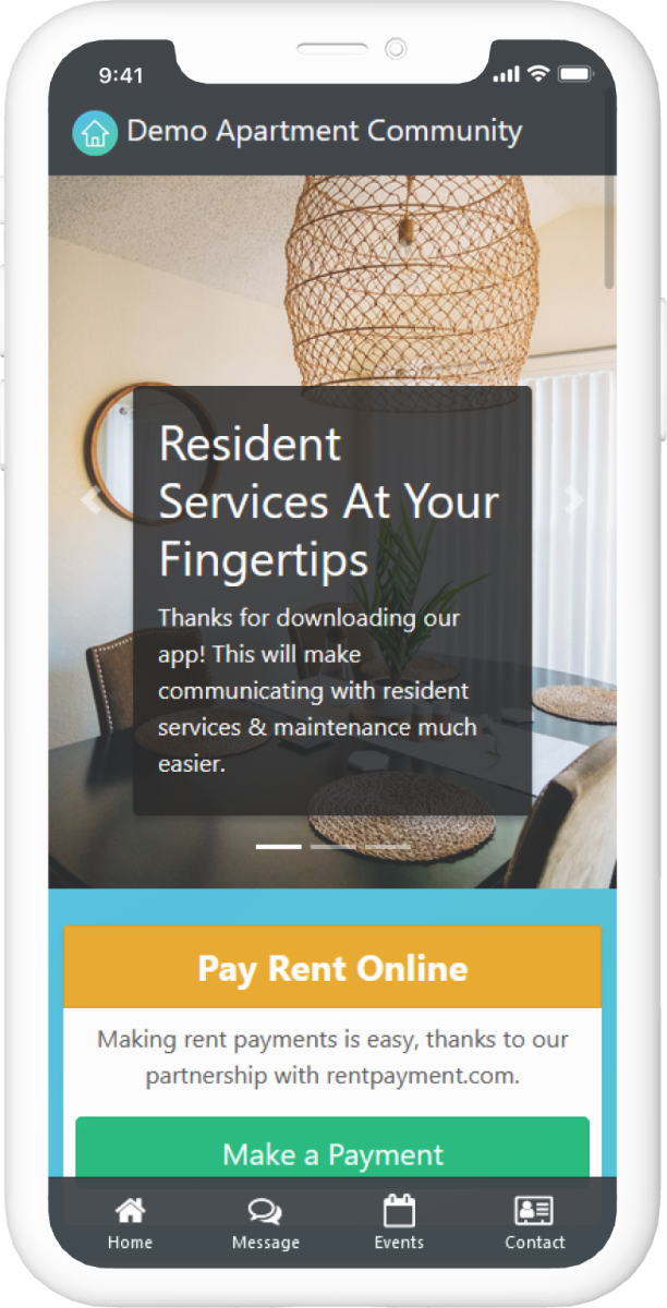 A model of a mobile phone displaying an AppDingo app for an apartment community