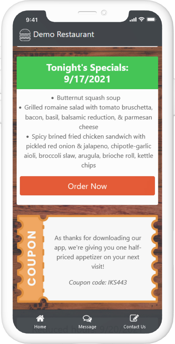 A model of a mobile phone displaying an AppDingo app for a restaurant