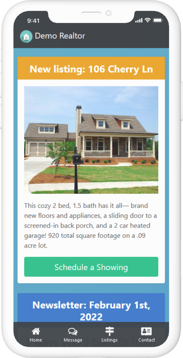 A model of a mobile phone displaying an AppDingo app for a realtor