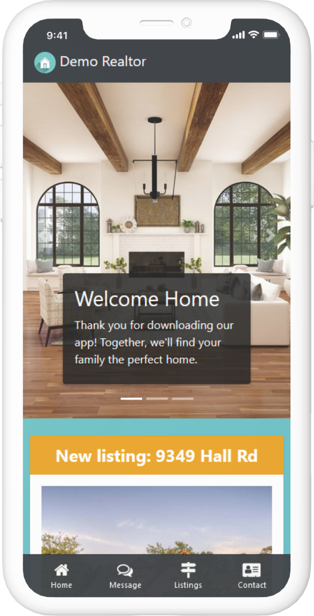 A model of a mobile phone displaying an AppDingo app for a realtor
